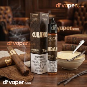 vgod-cubano-salt-nic-dr-vape Authentic VGOD Cubano Salt Nicotine bottle and packaging next to a Cuban cigar and vanilla cream