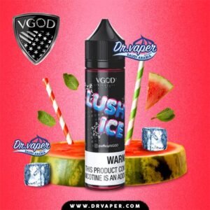 vgod-lush-ice-iced-watermelon-flavor Authentic VGOD Lush Ice flavor bottle surrounded by fresh watermelon slices, ice cubes, and mint leaves from Dr Vape Saudi Arabia store.