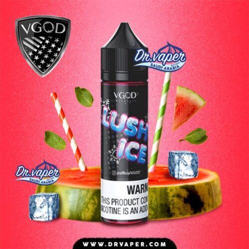 نكهة-فيقود-لوش-ايس-بطيخ-بارد-vgod-lush-ice عبوة نكهة فيقود لوش ايس الأصلية محاطة بشرائح البطيخ الطازج ومكعبات الثلج وأوراق النعناع من متجر دكتور فيب السعودية.