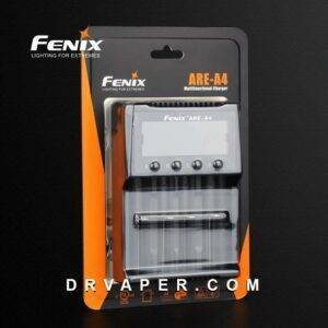 Image of the Fenix ARE-A4 vape battery charger showing the smart screen and four bays compatible with multiple sizes.