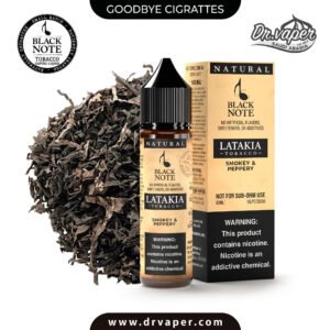 black-note-latakia-60ml-smoky-tobacco Image of the original Black Note Latakia 60ml bottle next to naturally cured tobacco leaves from Dr. Vaper Saudi Arabia store.