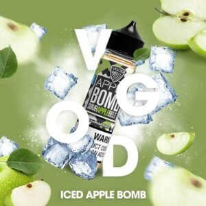 نكهة-فيقود-تفاح-ايس-60-مل-vgod-iced-apple-bomb نكهة فيقود تفاح ايس 60 مل الأصلية مع مكعبات الثلج وشرائح التفاح الأخضر