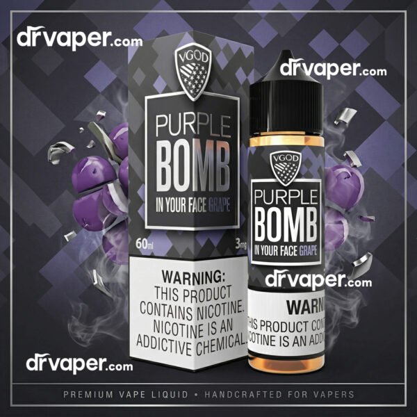 vgod-purple-bomb-60ml-freebase-box-bottle-ksa VGOD Purple Bomb 60ml freebase 3mg nicotine bottle and carton