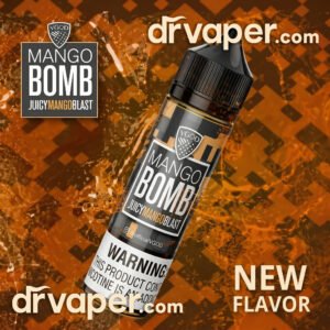 Authentic VGOD Mango Bomb 60ml flavor bottle with tropical splashing mango juice background