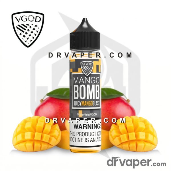 افضل-نكهة-مانجو-للفيب-vgod-mango-bomb افضل نكهة مانجو للفيب من فيقود 60 مل فري بيز بجانب قطع ثمار المانجو الطبيعية