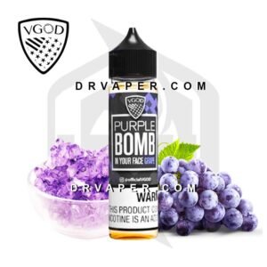 vgod-purple-bomb-60ml-grape-flavor-bottle-dr-vape زجاجة نكهة فيقود عنب بومب 60 مل الأصلية بجوار عنقود عنب طازج