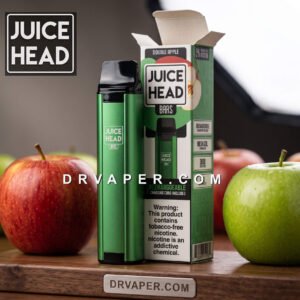 Image of the authentic green Juice Head Double Apple 3000 puffs disposable vape device with packaging, next to red and green apples from Dr Vape store.