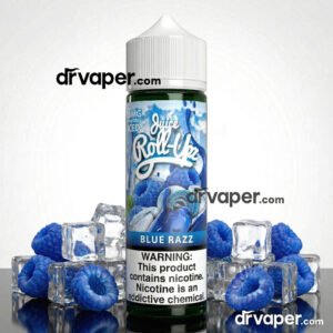 Authentic Roll-Upz Blue Razz Ice 60ml bottle with ice cubes and blue raspberries