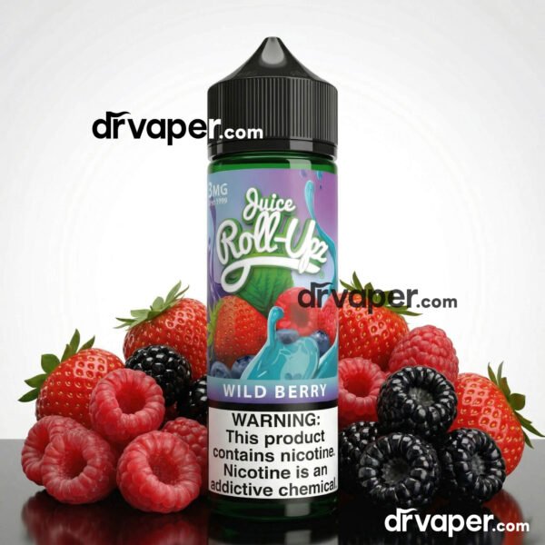 Authentic Roll-Upz Wild Berry 60ml vape juice bottle surrounded by fresh strawberries and blackberries from Dr. Vape Store