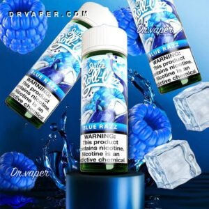 Flying drops of cold blue raspberry vape juice with ice cubes and bottles of Blue Razz Ice flavor