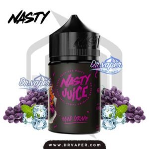 Image of the authentic Nasty Asap Grape 60ml bottle surrounded by black grapes, ice cubes, and mint leaves