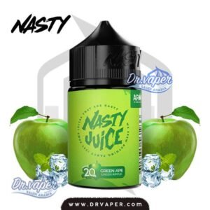 Image of the authentic Nasty Green Apple 60ml bottle next to fresh green apples and ice cubes