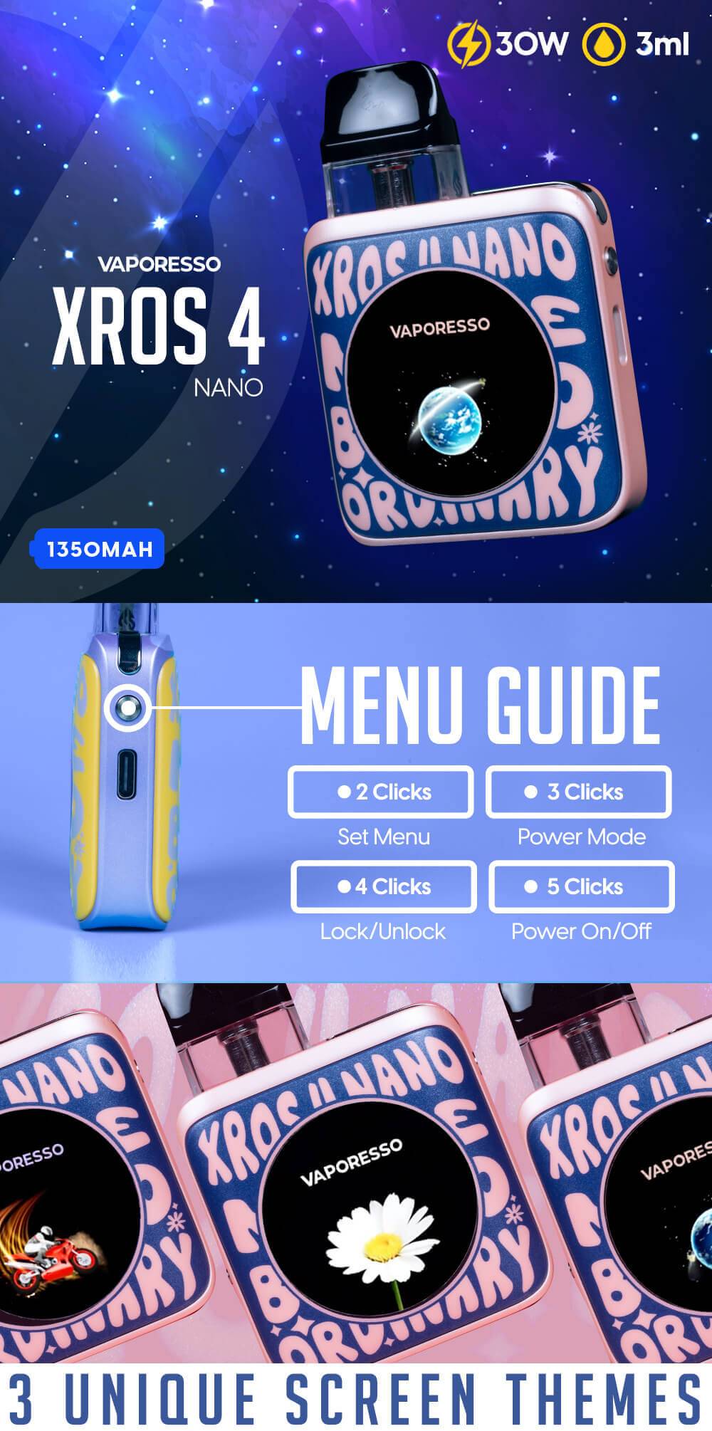 Vaporesso Xros 4 Nano 30w Pod System infographic