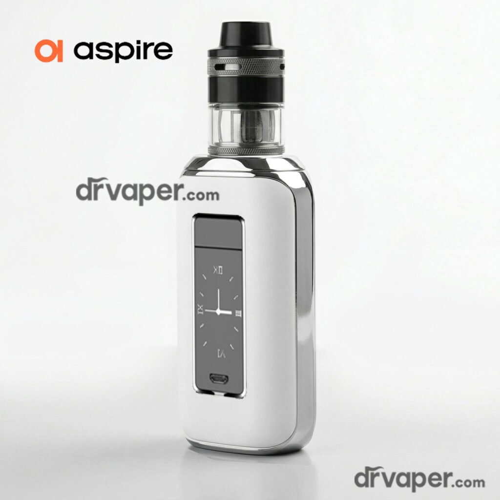 White Aspire Skystar Revvo Kit 210W vape mod featuring a touch screen with an analog clock face and Revvo tank, from Dr Vape KSA. from Dr Vape KSA.
