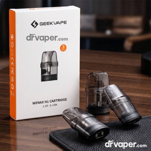 بودات وينكس H1 الأصلية من Geekvape مقاومة 1.4 أوم وسعة 2.5 مل بجوار العبوة الرسمية.