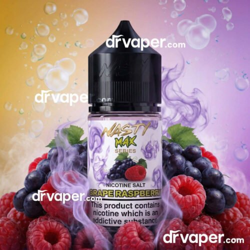 نكهة-سولت-ناستي-ماكس-عنب-توت-30مل-دكتور-فيب-السعودية عبوة نكهة سولت ناستي ماكس عنب توت 30 مل الأصلية محاطة بحبات العنب الأسود والتوت الأحمر المنعش.