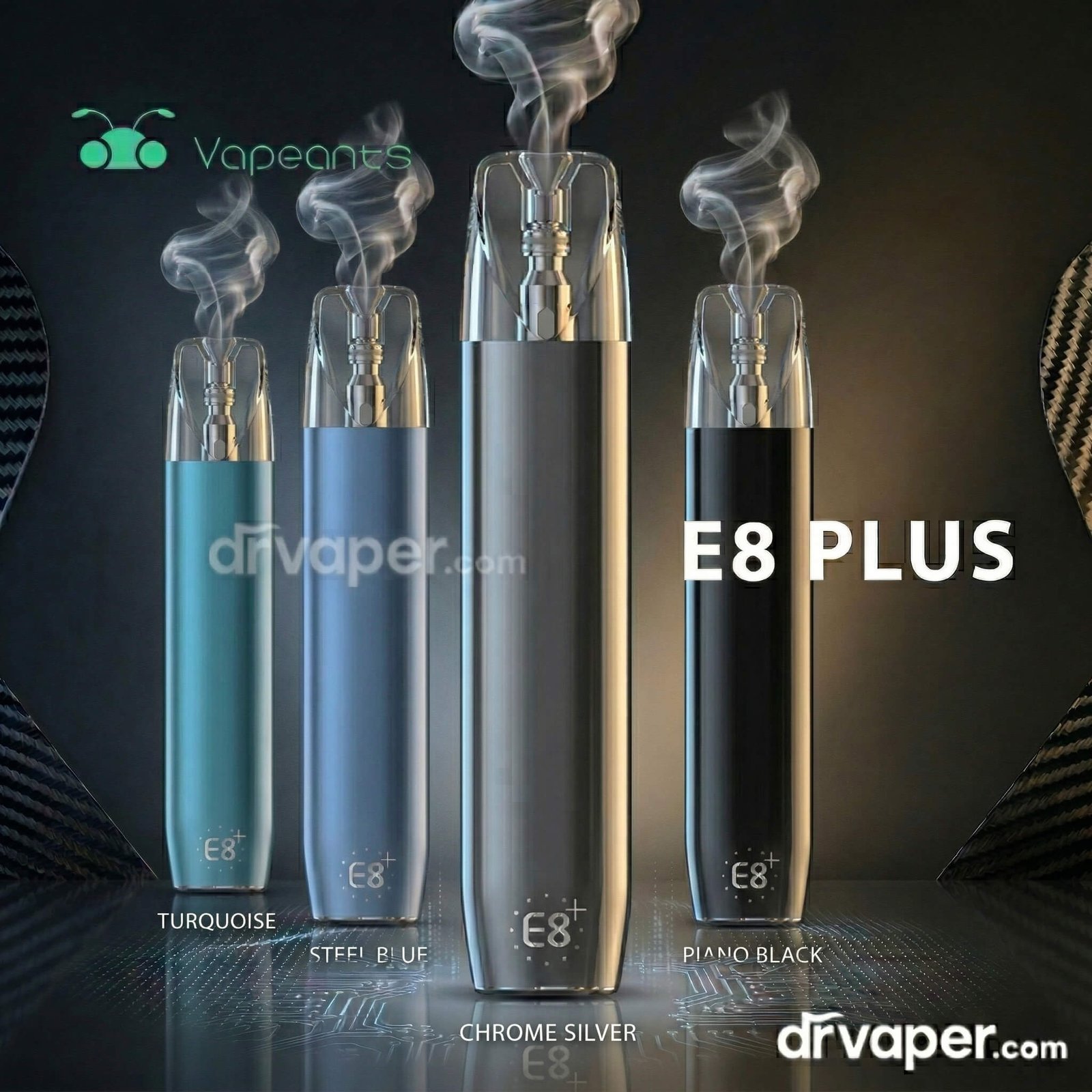 ألوان سحبة E8 بلس الأصلية: الفضي، الأسود، الأزرق، والتركواز. أفضل سحبة سيجارة قابلة للتعبئة.