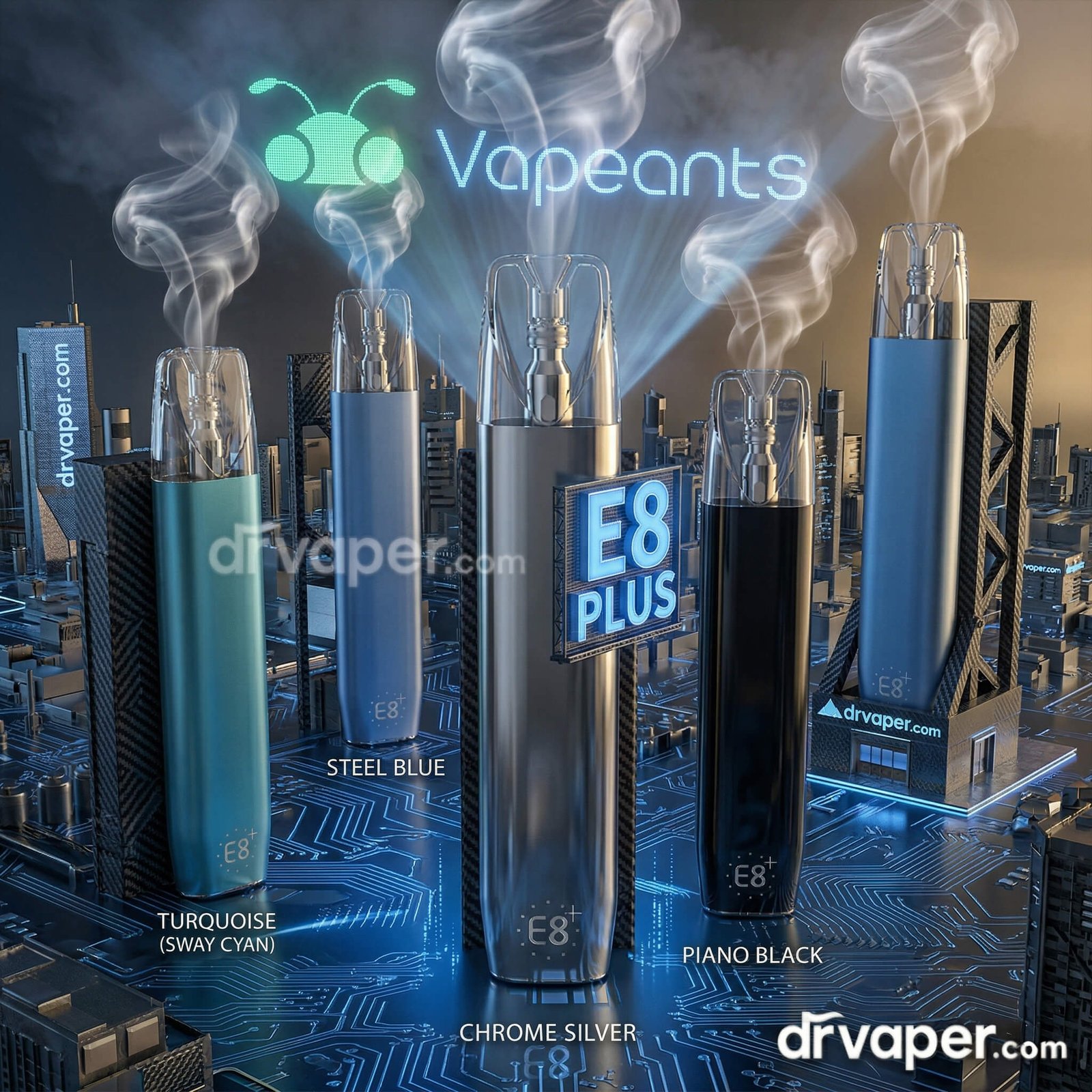 ألوان سحبة E8 بلس الأصلية: الفضي، الأسود، الأزرق، والتركواز. أفضل سحبة سيجارة قابلة للتعبئة.