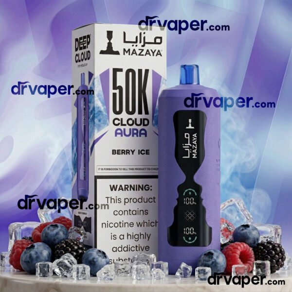 Mazaya 50000 puffs shisha in purple color with an assortment of wild berries and ice cubes.