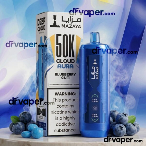 Metallic blue Mazaya 50K vape with blueberries and blue gumballs.