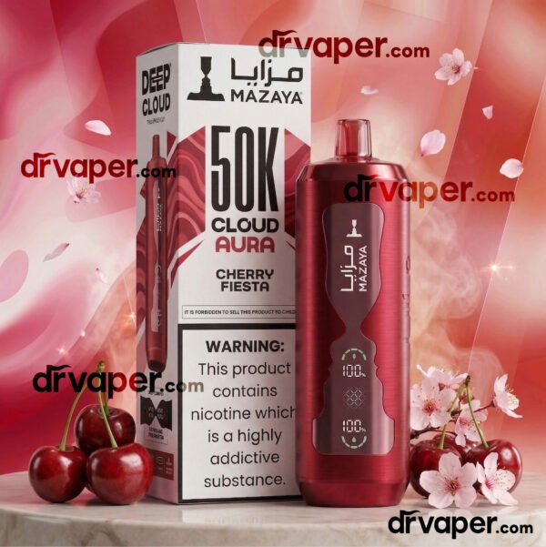 Mazaya 50000 puffs vape in burgundy (dark red) color surrounded by cherries and beautiful cherry blossoms.