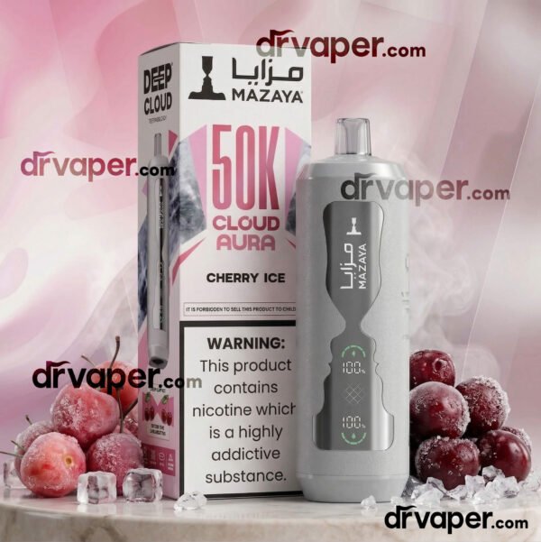 Silver Mazaya 50K vape device with frosted cherries expressing the cherry ice flavor.