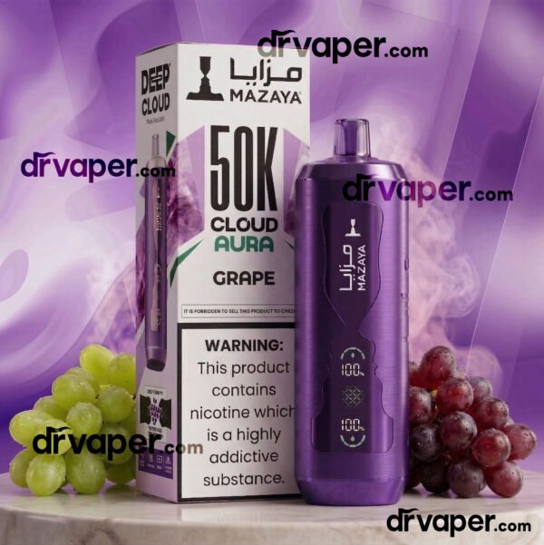 Dark purple Mazaya 50K puffs electronic shisha next to green and red grape clusters.