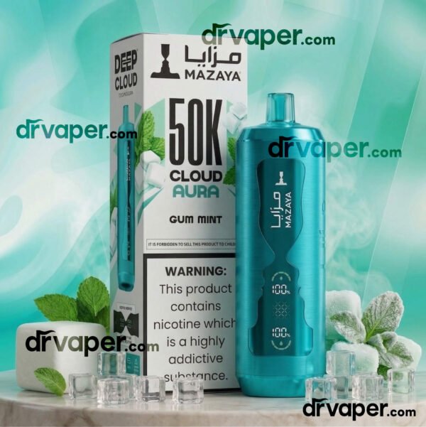 Mazaya 50000 puffs vape in turquoise color surrounded by white gum cubes and mint leaves.