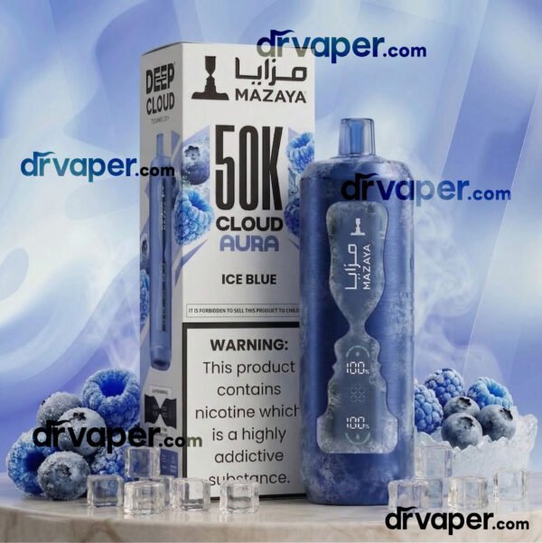 Mazaya 50K vape in deep indigo blue color with frosty blueberries and ice cubes.