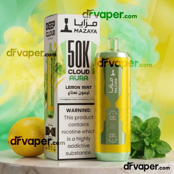 Yellow-green Mazaya 50K vape device with a lemon and mint leaves for the lemon mint flavor.