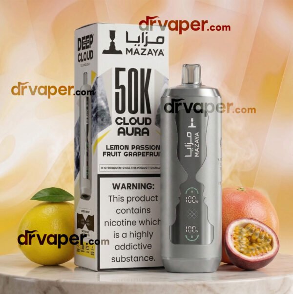 Silver Mazaya 50000 shisha surrounded by fresh lemon, passion fruit, and grapefruit.