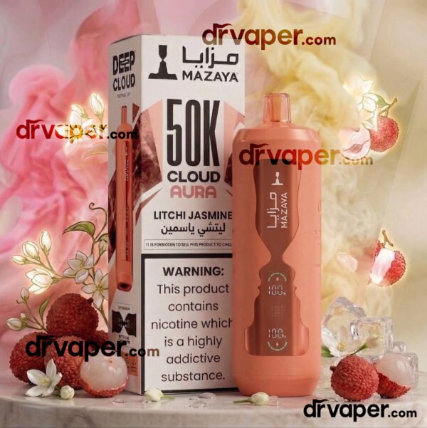 Mazaya Cloud Aura vape in an attractive coral color with lychee fruit and white jasmine flowers.