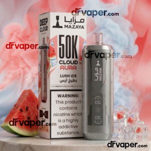 Silver metallic Mazaya 50K puffs device with red watermelon slices and ice cubes for the lush ice flavor.