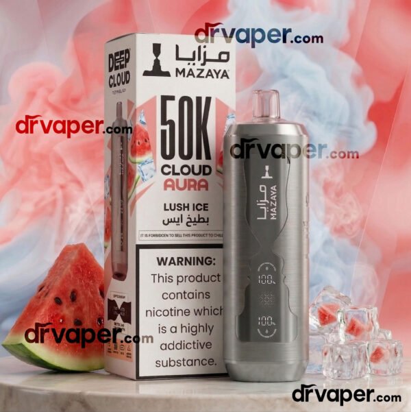 Silver metallic Mazaya 50K puffs device with red watermelon slices and ice cubes for the lush ice flavor.