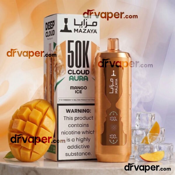 Golden Mazaya 50K puffs vape device with a mango and ice cubes representing the mango ice flavor.
