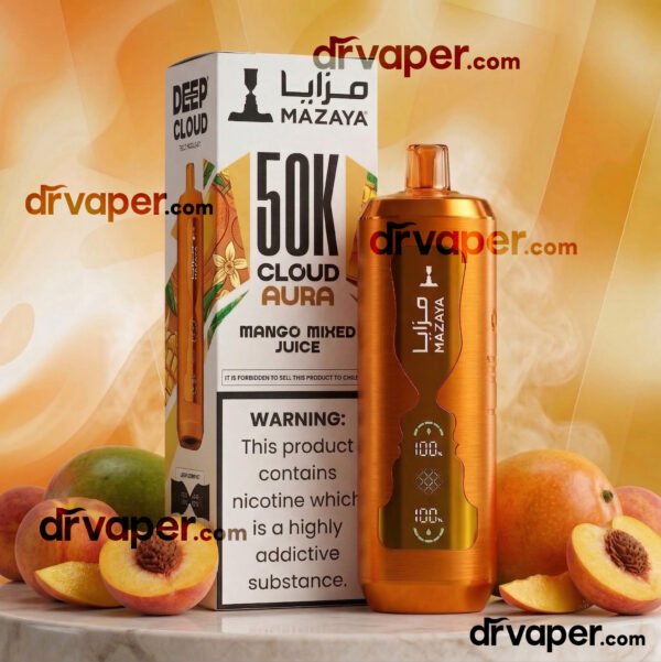 Mazaya Cloud Aura 50K vape device in orange color surrounded by fresh mangoes and peaches.