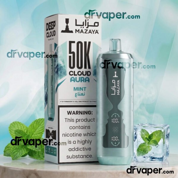 Mazaya Cloud Aura 50000 shisha in silver-blue next to fresh mint leaves and ice cubes.