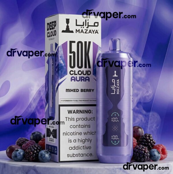 Mazaya 50K puffs vape in purple color surrounded by an assortment of blueberries, blackberries, and raspberries.