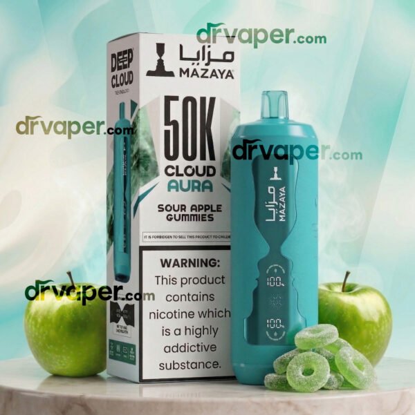 Mazaya Cloud Aura vape in turquoise color with green apple and gummy candy rings.