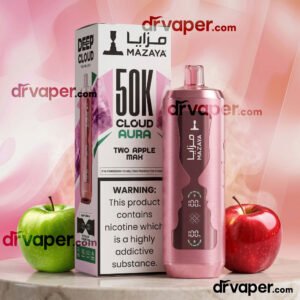 mazaya-cloud-aura-50000-puffs-shisha-two-apples Mazaya 50K puffs vape device in luxurious rose gold color with red and green apples expressing the Two Apple Max flavor.