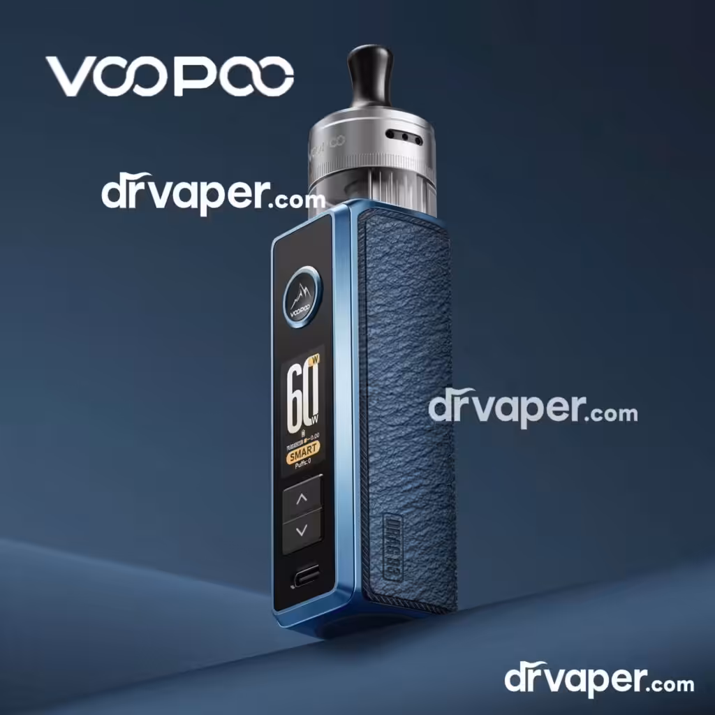 سحبة فوبو دراج اس 3 (Voopoo Drag S3) بتصميم من الجلد الأزرق المحبب، مع إبراز الشاشة الذكية وقوة 60 واط.