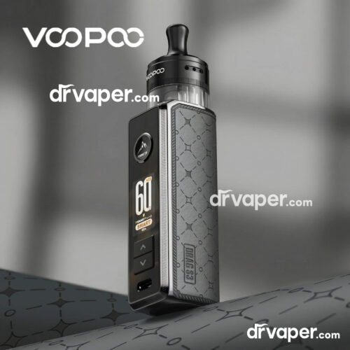 Voopoo Drag S3 vape device in grey leather adorned with a star pattern, displaying 60W power on the screen.
