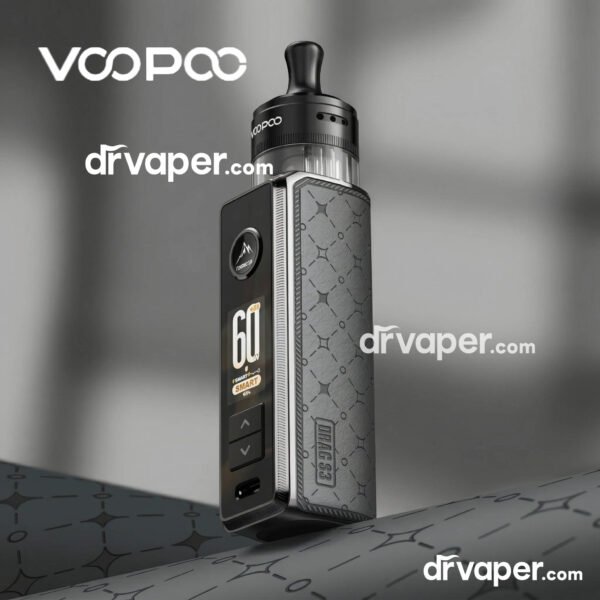 جهاز فيب فوبو دراج اس 3 (Voopoo Drag S3) بتصميم جلد رمادي مزين بنمط نجمي، يوضح قوة 60 واط على الشاشة.