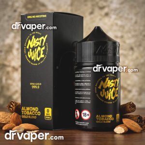Nasty Gold Blend Almond Tobacco - Nasty Almond Tobacco E-Liquid Image of the authentic Nasty Almond Tobacco nicotine-free bottle next to almonds and tobacco leaves