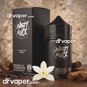 nasty-vanilla-tobacco-60ml-silver-blend Authentic Nasty Vanilla Tobacco 60ml Silver Blend bottle with vanilla flower and tobacco leaves