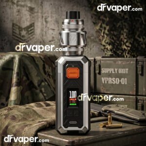 Screen and firing button of the Vaporesso Armour S, supporting a single 21700 battery vape with GTi coils.