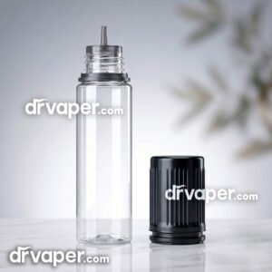 Clear 60ml empty vape bottle with a leak-proof black cap