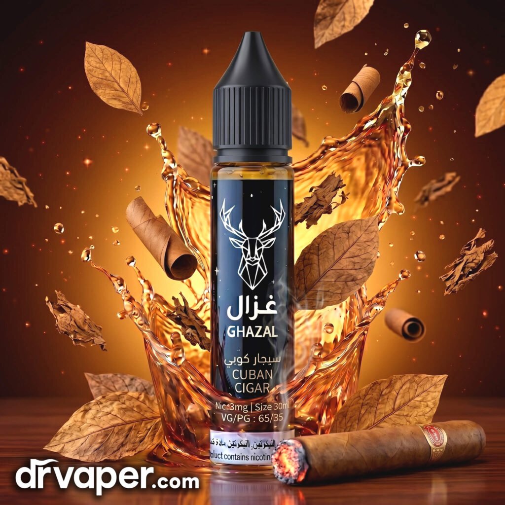 GHAZAL Cuban Cigar Salt Nic 30ml bottle surrounded by tobacco leaves