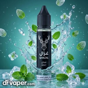 Authentic GHAZAL Mint 30ml freebase e-liquid bottle surrounded by ice cubes and flying mint leaves