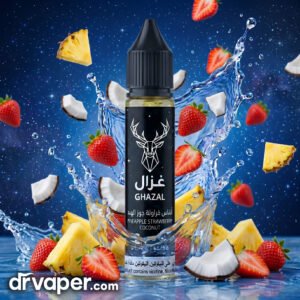 Ghazal Pineapple Strawberry Coconut 30ml freebase bottle amidst scattered tropical fruit pieces